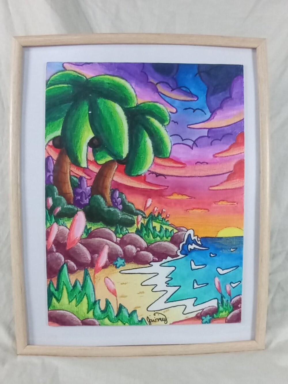 Original Handmade Vibrant Tropical Beach Sunset Acrylic Painting Signed in Frame
